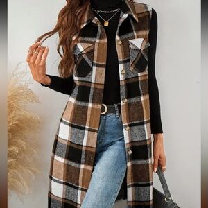 B558–Neutral Plaid Long Button Up Sleeveless Vest with Matching Black Shirt